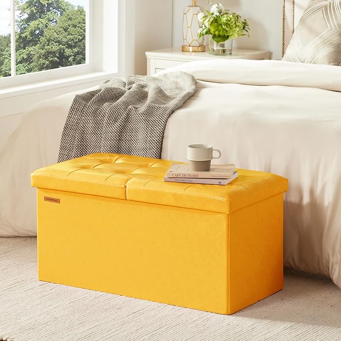 HAUSFRAU - 30 Inches Storage Ottoman Bench with Flipping Lid, Foldable Storage Chest Foot Rest for Living Room, Bedroom, Entryway, Load 660 lb, Synthetic Leather, Yellow