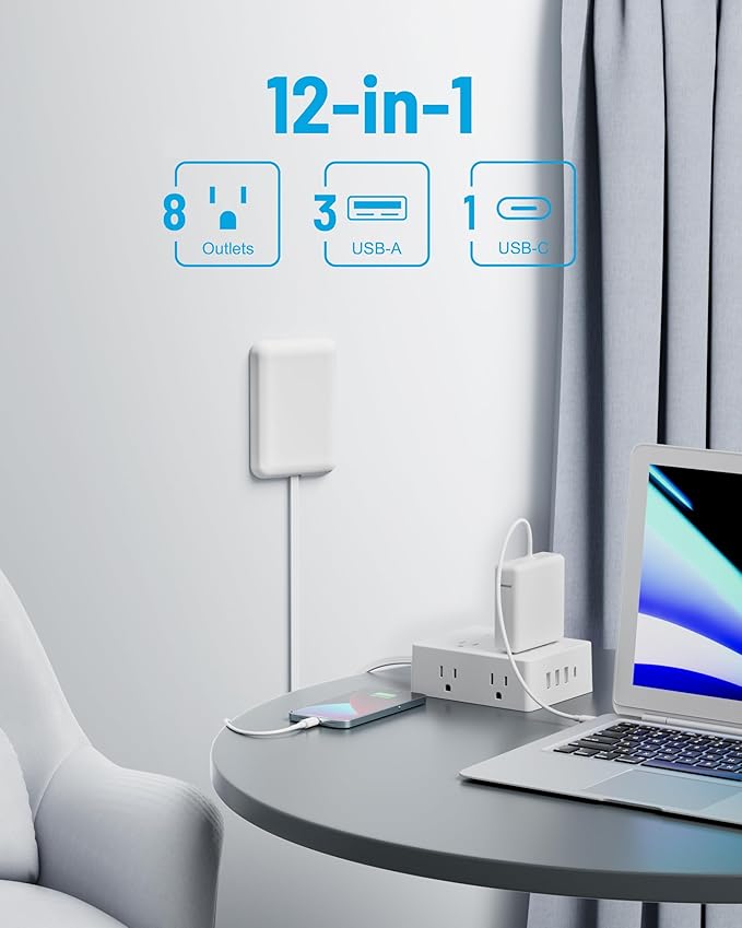Flat Extension Cord with Outlet Cover, Olcorife Flat Plug Power Strip with 8 Outlets and 4 USB Ports, 2000 Joules Surge Protector, 10 FT Cord Hidden Outlet Extender for Tight Spaces