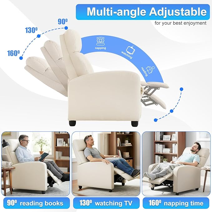 BestMassage | Recliner Chair | No Massage Function | Textile Beige | with Lumbar Support, Adjustable Push Back, Wide Armrests, Footrest & Padded Seat | Easy Assembly | for Living Room, Home Theatre
