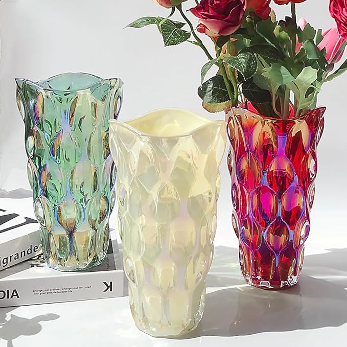 Unbreakable Flower Glass Vase 3.5lb 9.5inch Sparkle vase Bohemian Style, for Centerpieces,Kitchen,Office, Living Room,Wedding,Perfect Home Decor Glass Vase (Sparkle Cream)