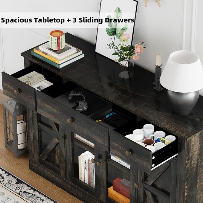 4 EVER WINNER 55" Coffee Bar with 4 Glass Doors and 3 Drawers, Sideboard Buffet Cabinet with Storage, Farmhouse Coffee Bar Cabinet with Adjustable Shelves for Kitchen, Dining Room, Rustic Oak