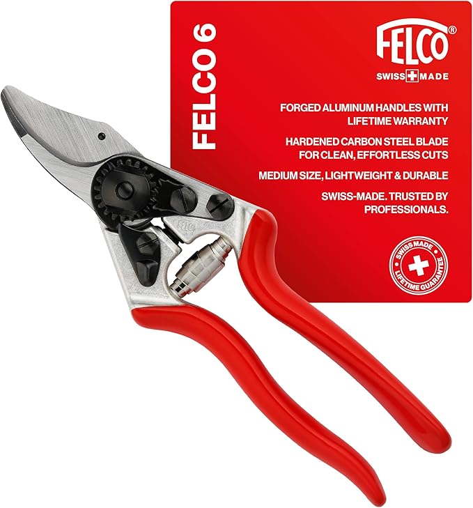 Felco F6 Pruning Shears – 7.7" Swiss-Made Garden Clippers for Medium Hands | Hand Pruners for Gardening | Garden Tool Cutter with Precision Bypass Blade, Forged Aluminum Handles, Replaceable Parts