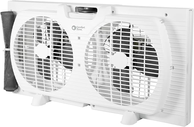 Comfort Zone 9-Inch 3-Speed Reversible Twin Window Fan – Dual Blade Window Exhaust Fan with Auto-Locking Expanders, 22.25" to 33" Wide – Tabletop Feet & Removable Bug Screen included