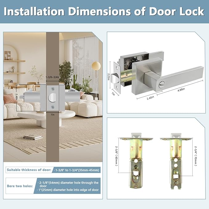 KAMOTA Privacy Door Levers, 1 Pack Satin Nickel Door Handles Bed and Bath Door Locks Interior Keyless Locksets, Left and Right Hand Reversible