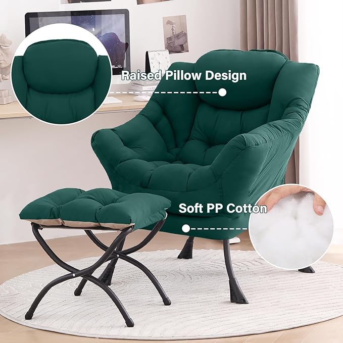 Tiita Lazy Chair with Ottoman, Green Modern Large Accent Chair, Comfy Leisure Sofa Armchair with Ottoman, Reading Chair with Footrest for Bedroom, Living Room, Dorm Rooms, Green
