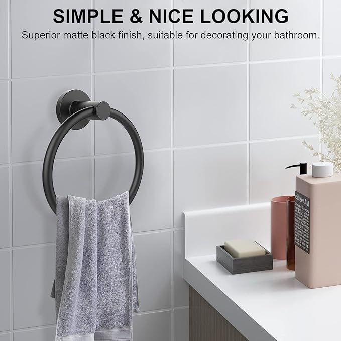 SetSail Towel Holder for Bathroom Wall Matte Black Towel Ring Stainless Steel Hand Towel Holder 4 Packs Towel Hanger for Bath, Kitchen