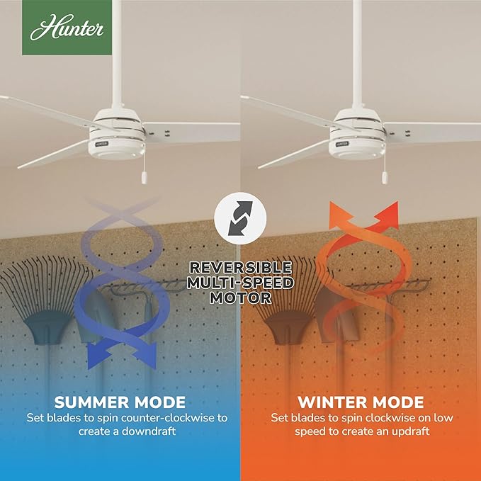 Hunter 52 inch Outdoor or Indoor Ceiling Fan No Light - White Ceiling Fan without Light, For Patio, Porch, Garage, or Living Room, Standard Mount, 3 Blades, Pull Chain - Cassius 59263, Fresh White