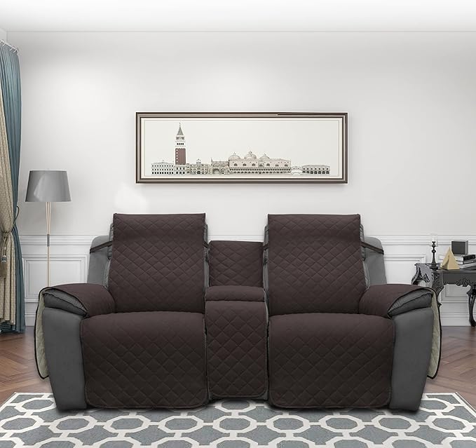 Easy-Going Loveseat Recliner Cover with Console, Reversible Couch Cover for Living Room, Split Sofa Cover for Each Seat with Elastic Straps for Kids, Dogs, Pets(2 Seater, Chocolate/Beige)