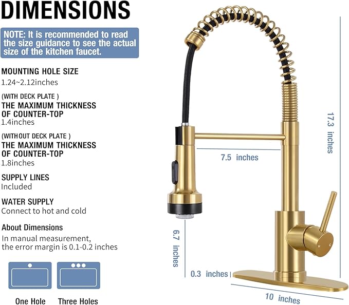 DJS Kitchen Faucets with Pull Down Sprayer Brushed Gold LED Light Single Handle 1 or 3 Holes Spring Kitchen Sink Faucet with Deck Plate for Farmhouse RV Vessel Basin
