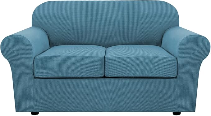 H.VERSAILTEX 3PC Stretch Sofa Covers for Loveseat - Base & 2 Seat Cushions, Thicker Jacquard Fabric (Medium, Storm Blue)
