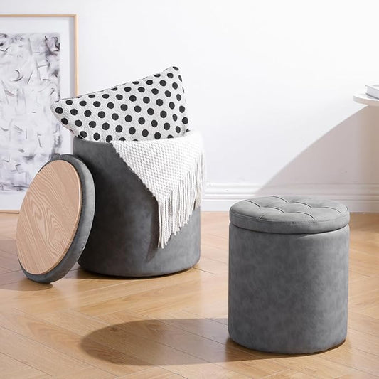 12.6" W x 14.17" H & 14.76" W x 17.32" H Round Set of 2 Ottoman with Storage Vanity Stool for Makeup Multifunctional Ottomans Padded Seat Foot Rest, Padded Seat Footrest for Living Room,Grey