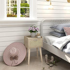 LAATOOREE Nightstand Set of 2, Small Bedside Table, End Table with Rattan Door, Boho Side Table with Solid Wood Legs for Bedroom Living Room Small Space