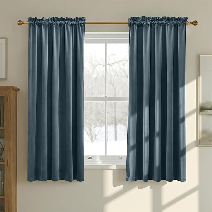 NICETOWN Slate Blue Blackout Velvet Curtains for Kitchen, Thermal Insulated Noise Reducing Short Velvet Drapes, Privacy Protection Window Treatment, W52 x L63, 2 Panels