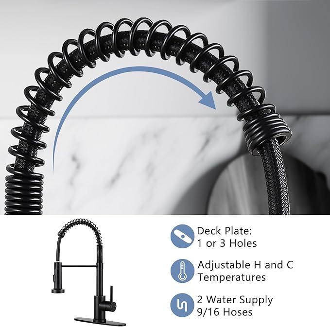 DJS Kitchen Faucets with Pull Down Sprayer Matte Black - Dual Mode Setting Single Handle 1 or 3 Holes Commercial Black Kitchen Sink Faucet with Deck Plate for Farmhouse RV Vessel Basin