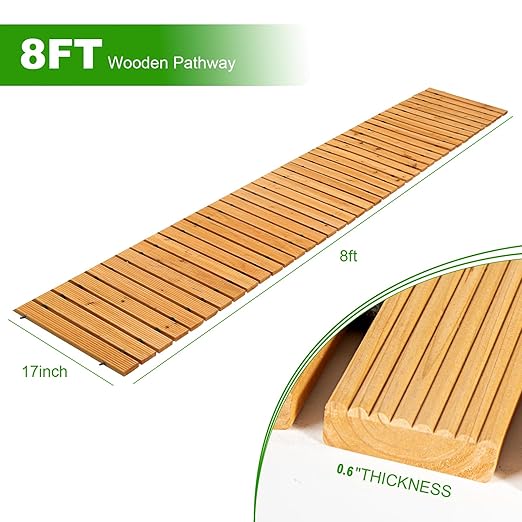 LINSHRY 8FT Wooden Garden Pathway, Outdoor Roll Out Garden Walkway, Weather-Resistant Decorative Garden Boardwalk Walkway Pavers for Patios, Backyard, Beach, Wedding Party Pathways