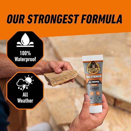 Gorilla Max Strength Construction Adhesive, Clear Glue, 7 Ounce Squeeze Tube (Pack of 1) - Gap Filling and Waterproof
