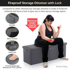 DocSafe Storage Ottoman Bench, Fireproof＆Waterproof Folding Bench with Lock(15”x 43”x15”), Leather Storage Chest with Handles＆2 Extra Boxes, Ottoman Safe for Bedroom,Living Room,Home Office, Gray