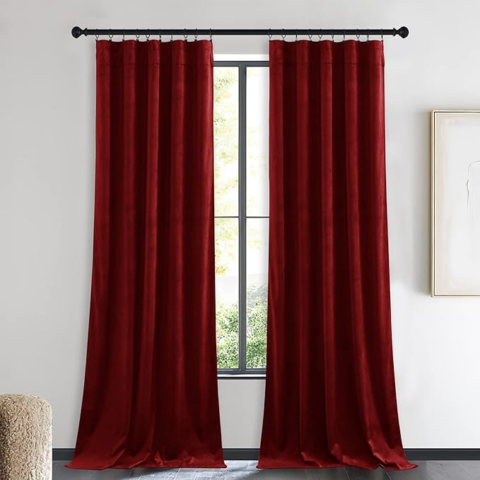 NICETOWN Christmas Red Velvet Curtains and Drapes, Extra Long Elegant Wall Backdrop Drapes for Holiday Season Home Decoration (Set of 2, Rod Pocket Design, 90 inches Long)