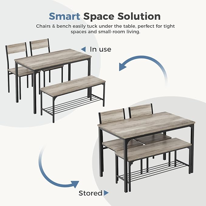 DUMOS Dining Table, Dining Table Set for 4 with Bench, Easy to Assemble Kitchen Table, Space-Saving Ideal 4-Person Set for Dining Room Kitchen Apartment Corner Grey 4 Pack