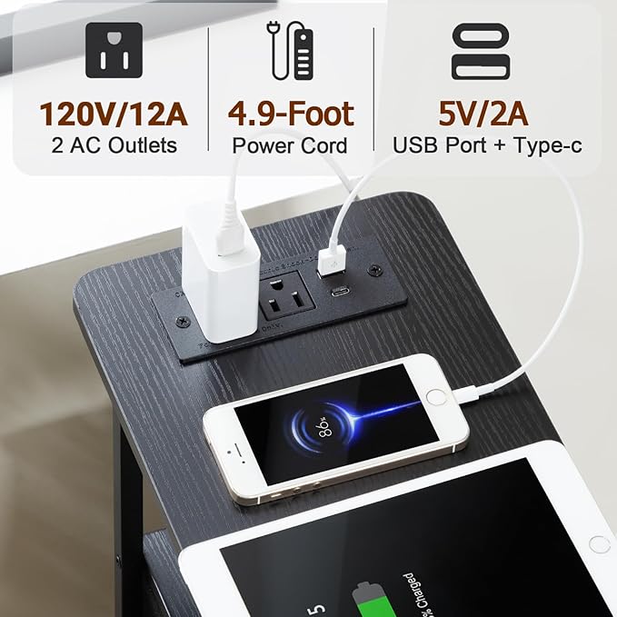 Narrow Nightstand with Charging Station, End Tables Living Room Set of 2, Skinny Side Table with Fabric Drawers, Small Sofa Table with LED Light for Bedroom, Black, HETNDP02LBK