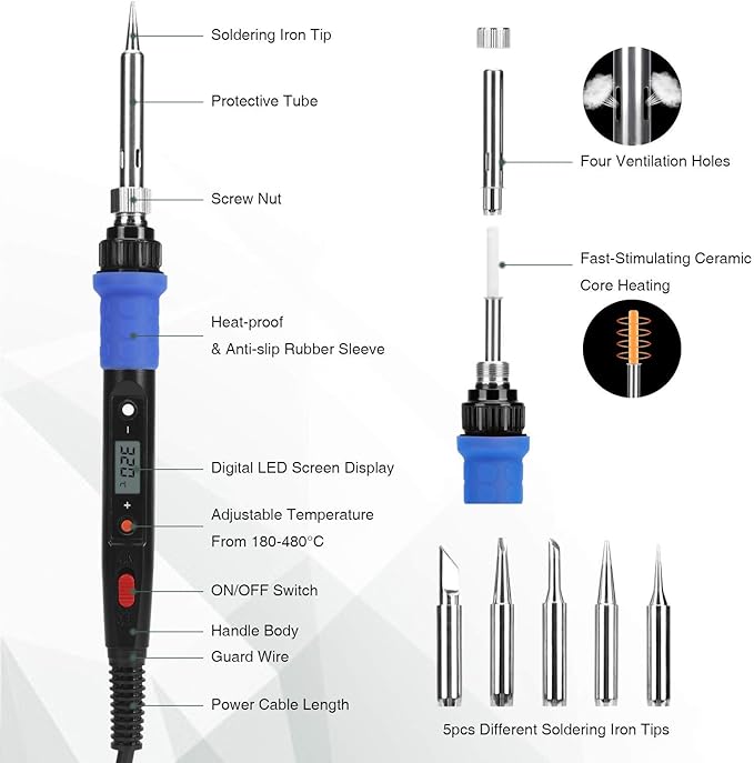 Soldering Iron Kit, 80W 110V LCD Digital Welding Tools, 356-896℉(180-480℃), Portable Adjustable Temperature Solder Irons, for Metal, Jewelry, Electric Repairing, DIY