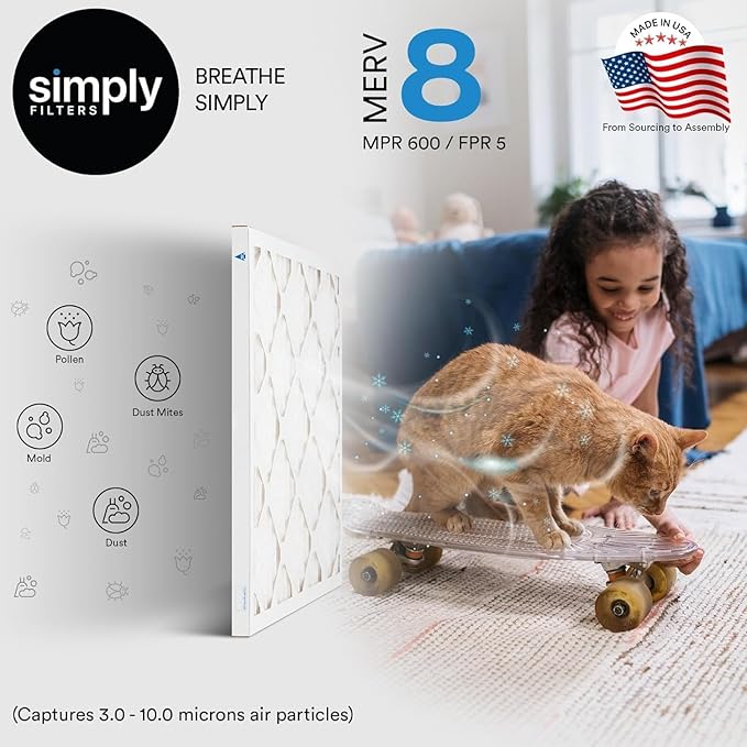 Simply 12x20x1 Air Filter, MERV 8, 6 Pack, For Home AC Furnace & HVAC (Actual Size: 11.75"x19.75"x0.75") DUST, Pet, & Allergy Control