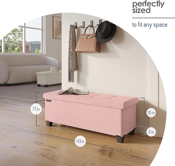 Storage Ottoman Bench with Bins, 43-in Storage Bench for Bedroom End of Bed, Folding Foot Rest Ottoman for Living Room Max 660lbs, Fabric Ottomans, Pink