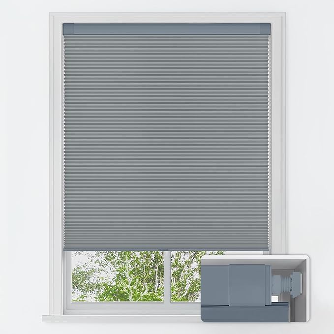 LazBlinds No Tools No Drill Cordless Cellular Shades, Blackout Light Blocking Honeycomb Shades for Home, Thermal Insulation Blinds for Windows, 44" W x 48" H, Dark Grey