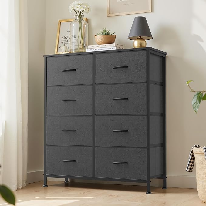Dresser for Bedroom with 8 Drawers, Anti-Tip Tall Fabric Chests Storage Organizer Tower Furniture with Wooden Top Metal Frame for Clothes, Closet, Living Room, Hallway, Entryway
