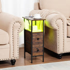 Narrow Nightstand with Charging Station, End Tables Living Room Set of 2, Skinny Side Table with Fabric Drawers, Small Sofa Table with LED Light for Bedroom, Rustic Brown, HETNDP02LPBR