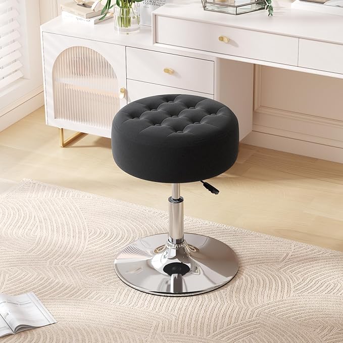 Furniliving Mid-Century Velvet Tufted Makeup Ottoman Stool, Modern Big Size Swivel Round Adjustable Vanity Stool Chair for Living Room Bedroom, Black