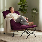 Welnow Lazy Chair with Ottoman, Modern Accent Chair with Armrests and a Side Pocket, Leisure Sofa Armchair Set, Reading Armchair with Footrest for Small Space, Dark Purple