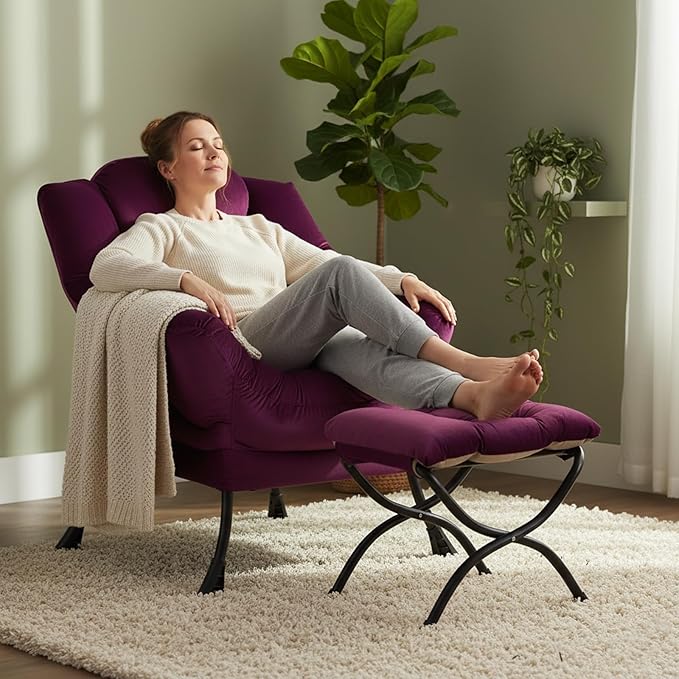 Welnow Lazy Chair with Ottoman, Modern Accent Chair with Armrests and a Side Pocket, Leisure Sofa Armchair Set, Reading Armchair with Footrest for Small Space, Dark Purple
