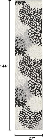 Nourison Home Aloha Indoor/Outdoor Black White 2'3" x 12' Area Rug, Tropical, Botanical, Easy Cleaning, Non Shedding, Bed Room, Living Room, Dining Room, Deck, Backyard, Patio (2x12)