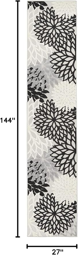 Nourison Home Aloha Indoor/Outdoor Black White 2'3" x 12' Area Rug, Tropical, Botanical, Easy Cleaning, Non Shedding, Bed Room, Living Room, Dining Room, Deck, Backyard, Patio (2x12)