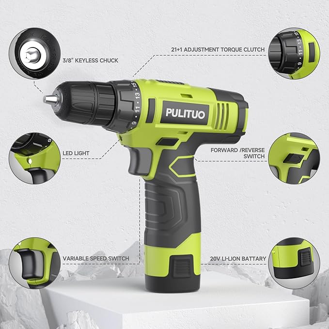 PULITUO 12V Green Cordless Drill Set Power Drill Kit with Battery and Charger,electric drill home improvement,3/8-Inch Keyless Chuck,Built-in LED,21+1 Torque Setting