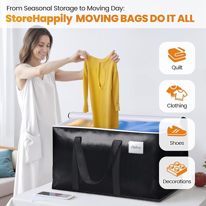 Heavy-Duty & Extra Capacity Moving Bags with Backpack Straps, Storage Totes with Double Zipper & Strong Handles, Packing Bags Alternative to Moving Boxes, Moving Supplies (2 Pack, Black)