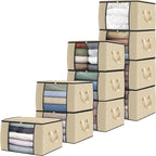 Fab totes 10 Pack Clothes Storage, Foldable Thick Fabric Blanket Storage Bags, Containers for Organizing Bedroom, Closet, Clothing, Comforter, Organization with Handle,Beige