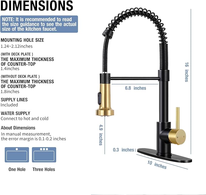 DJS Kitchen Faucets with Pull Down Sprayer Matte Black & Brushed Gold High Arc Single Handle 1 or 3 Holes Spring Kitchen Sink Faucet with Deck Plate for Farmhouse RV Vessel Basin