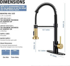 DJS Kitchen Faucets with Pull Down Sprayer Matte Black & Brushed Gold High Arc Single Handle 1 or 3 Holes Spring Kitchen Sink Faucet with Deck Plate for Farmhouse RV Vessel Basin