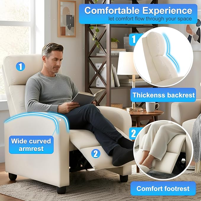 BestMassage | Recliner Chair | No Massage Function | Textile Beige | with Lumbar Support, Adjustable Push Back, Wide Armrests, Footrest & Padded Seat | Easy Assembly | for Living Room, Home Theatre