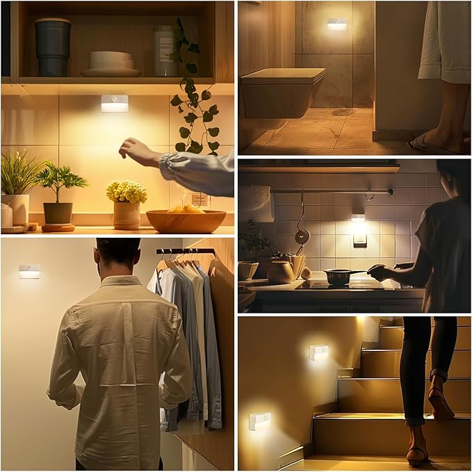 16 Pack Motion Sensor Stair Light for Indoor, Battery Operated Closet Lights, Stick on Anywhere Hallway Lamp, Portable Led Night Lamps for Bedroom Under Cabinet Kitchen