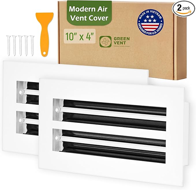 Modern Air Vent Cover 10x4 (Duct Opening), 2 Pack - Decorative White Aluminum Linear Slot Diffuser for Wall, Ceiling, Floor - Quiet Operation HVAC Grille for Home with Adjustable Airflow