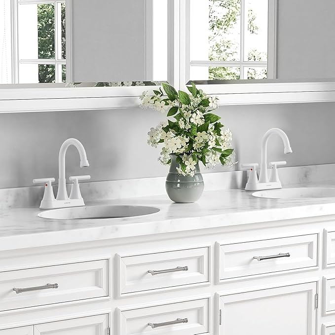 Bathroom Faucets for Sink 3 Hole, Hurran 4 inch Bathroom Sink Faucet with Pop-up Drain and Supply Hoses, Stainless Steel Lead-Free Centerset Faucets for Sink Vanity RV, White