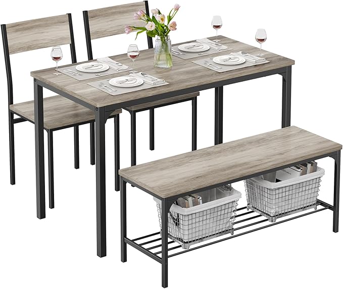 DUMOS Dining Table, Dining Table Set for 4 with Bench, Easy to Assemble Kitchen Table, Space-Saving Ideal 4-Person Set for Dining Room Kitchen Apartment Corner Grey 4 Pack