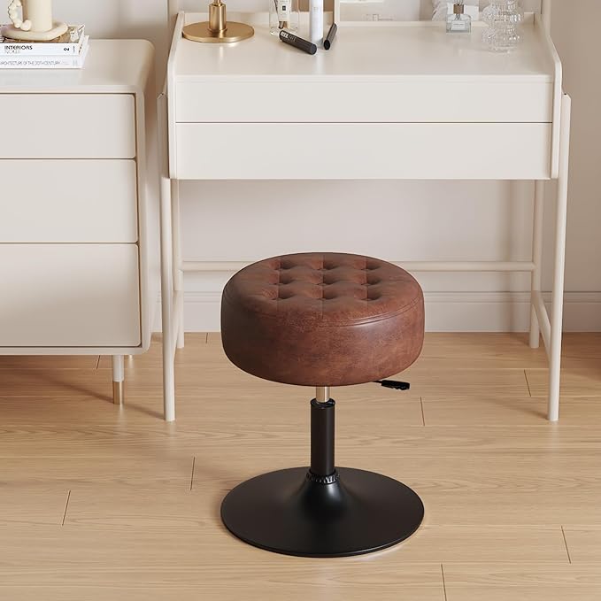 Furniliving Mid-Century Tufted Adjustable Swivel Makeup Ottoman Stool; Modern Big Size Round Vanity Stool Chair for Bedroom Living Room (Darkbrown)