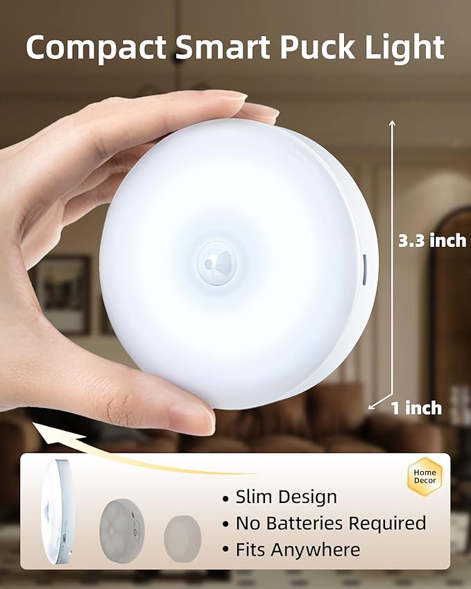 EZVALO Under Cabinet Lighting,1000mAh Rechargeable Puck Lights with Remote,3 Color Temps & 12 RGB Motion Sensor Closet Lights Indoor,Dimmable Under Cabinet Lights for Kitchen,Cabinets,Closet (3 Packs)