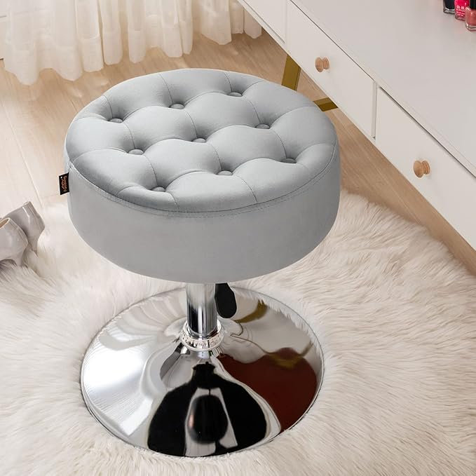Furniliving Mid-Century Velvet Tufted Adjustable Swivel Makeup Ottoman Stool; Modern Big Size Round Vanity Stool Chair for Bedroom Living Room (LightGrey)