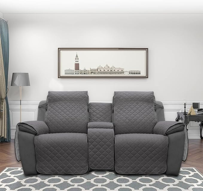 Easy-Going Loveseat Recliner Cover with Console, Reversible Couch Cover for Living Room, Split Sofa Cover for Each Seat with Elastic Straps for Kids, Dogs, Pets(2 Seater, Gray/Light Gray)