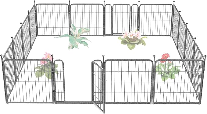 FXW Garden Fence Outdoor for The Yard – 24in(H) x 30.4ft(L) Heavy Duty Metal Animal Barrier for Dog and Rabbit, Decorative Dog Fence, 16 Panels, Silver